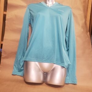 Columbia Teal Lightweight Hooded V-Neck Women’s Pullover – Size S Small Stain